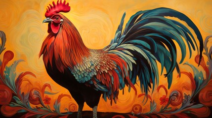 A majestic rooster stands tall, his vibrant feathers glistening in the sunlight - obrazy, fototapety, plakaty