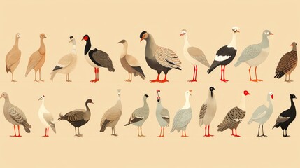 A variety of guinea fowl in a simple and colorful drawing. - obrazy, fototapety, plakaty