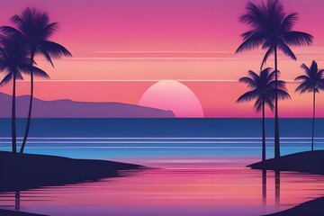 Fototapeta premium Palm trees silhouetted against a colorful tropical sunset on the beach.