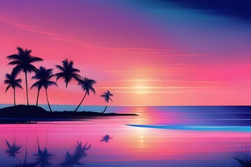 A serene tropical sunset with palm trees lining the beach, creating a picturesque and tranquil scene.