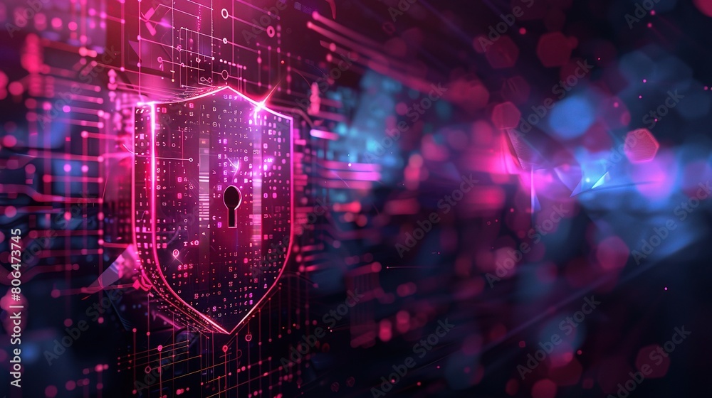 Poster a cybersecurity concept with a shield-shaped lock surrounded by digital circuitry and encryption alg