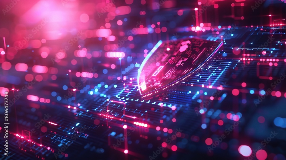 Poster a cybersecurity concept with a shield-shaped lock surrounded by digital circuitry and encryption alg