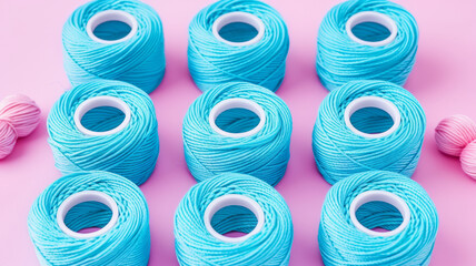 A row of blue yarns are arranged in a pattern on a pink background