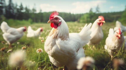 A beautiful white chicken stands proudly in a lush green field, surrounded by a variety of colorful flowers - obrazy, fototapety, plakaty