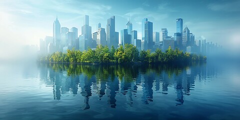 A city is reflected in the water, with a green island in the middle