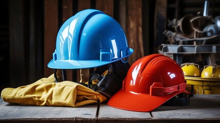 Two hard hats and a pair of gloves on a wooden table. The blue hard hat is on top of the yellow gloves, and the red hard hat is on the right.