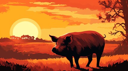 A digital painting of a pig standing in a field of wheat. The sun is setting behind the pig. The pig is looking at the viewer.