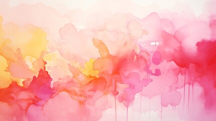 An abstract watercolor painting in bright pink, yellow and orange hues