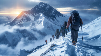 expedition  Group of Mountaineering climbing up to summit the top of snowmountain  Exproler discovery himalayas mountain Generative ai