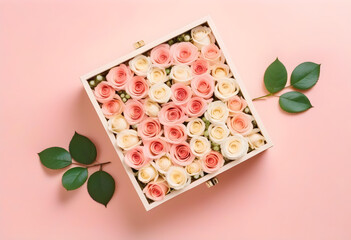 A flat lay of a jewelry box with a white rose inside on a pastel pink background