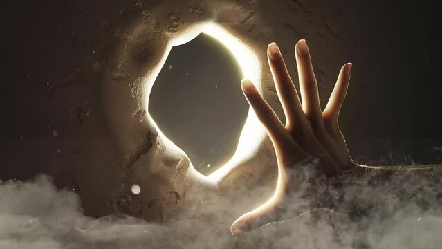 hand asks for help in the digital hole 3d illustration. seamless looping overlay 4k virtual video animation background