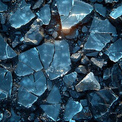  Shattered glass, Abstract shards of dark blue glass with light refracting through the cracks