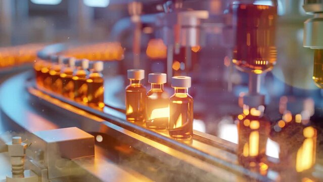 covid vaccine bottles on conveyor belt one spotlight. seamless looping overlay 4k virtual video animation background