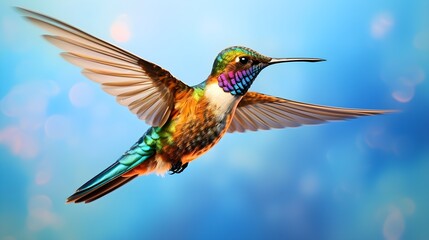 Dainty hummingbird in mid-flight, isolated on a white background