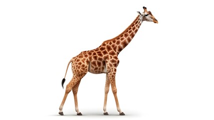 Fototapeta premium Elegant giraffe in a tall stance, isolated on a pristine white background,