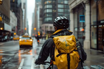 Fototapeta premium Efficient and Determined Delivery Worker Navigating the Bustling Urban Landscape