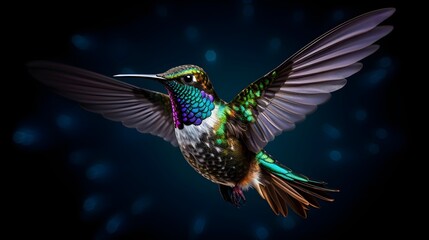 Obraz premium Enchanting hummingbird hovering mid-air, its iridescent feathers and tiny features