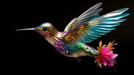 Enchanting hummingbird hovering mid-air, its iridescent feathers and tiny features