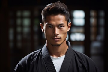 Obraz premium A Focused Martial Artist's Intense Gaze Captured in a Close-Up Portrait with the Serene Ambiance of a Traditional Dojo in the Background