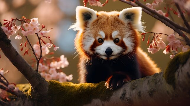 Endearing red panda nestled in the branches