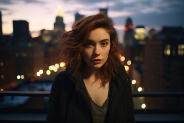 A Serene Twilight Portrait of a Young Woman Embracing the Calm Breeze on a Bustling City Apartment Rooftop Overlooking the Urban Skyline