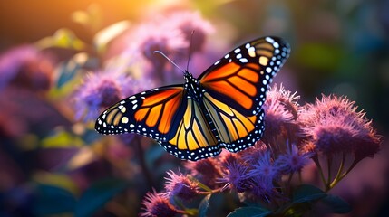 Obraz premium Exquisite monarch butterfly resting on a blooming flower,