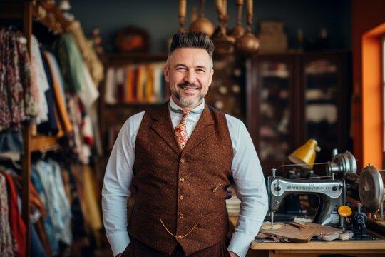 A Smiling Tailor Proudly Standing in Front of His Quaint Shop, Surrounded by Colorful Fabrics and Vintage Sewing Machines - Powered by Adobe