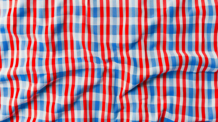 Wrinkled Blue, Red, and White Checkered Fabric in a Traditional Plaid Design.