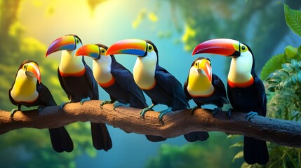 Flock of colorful toucans perched on a branch, vibrant beaks and feathers capturing attention.