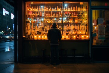 A Solitary Figure Contemplates Life's Choices Standing Before the Glowing Neon Lights of an Urban Liquor Store at Dusk
