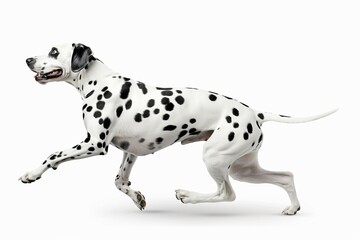 Dalmatian in mid-run on white background, spots vivid, capturing dynamic movement and playful energy.
