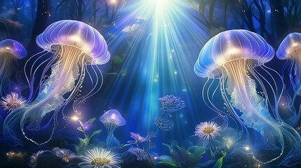 深海に差し込む光とクラゲと水中花