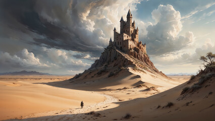 Ancient old castle ruins high above a rocky cliff in a sand dune desert landscape, majestic storm clouds encircle the fortress with a lone adventurer walking towards it.