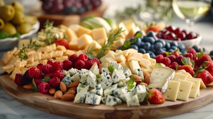 A crowdpleasing cheese platter featuring a delightful mix of flavors and textures including tangy feta creamy Gorgonzola and sharp Parmesan paired with a colorful array of fresh gs