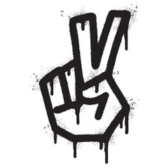 Spray Painted Graffiti Hand gesture V sign for victory icon Sprayed isolated with a white background. graffiti Hand gesture V sign for peace symbol with over spray in black over white.