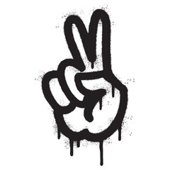 Spray Painted Graffiti Hand gesture V sign for victory icon Sprayed isolated with a white background. graffiti Hand gesture V sign for peace symbol with over spray in black over white.