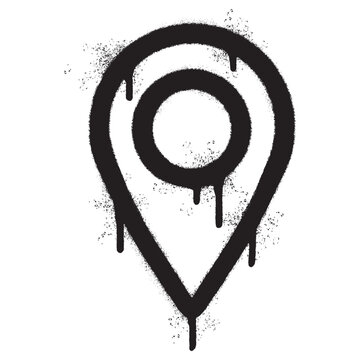 Spray Painted Graffiti Map pointer icon Sprayed isolated with a white background. graffiti GPS location symbol with over spray in black over white.