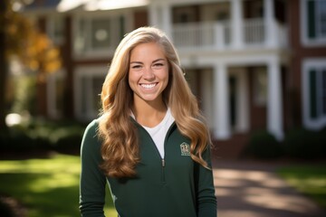 A Radiant Young Woman Smiling Proudly in Front of Her Greek Letter Adorned Sorority House on a Sunny College Campus Day