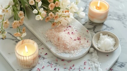 A gorgeous Instagramworthy flat lay features a marble tray filled with various bath products including shimmering bath salts a sugar scrub and a floralscented candle.