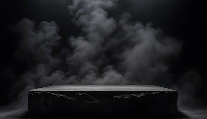  Podium black dark smoke background product platform abstract stage texture fog spotlight. Dark black floor podium dramatic empty night room table concrete wall scene place display studio smoky dust 