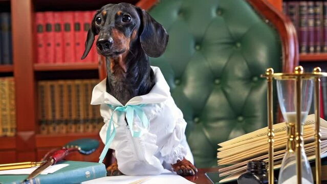 Dachshund sits at office desk and barks drawing attention. Purebred animal in white blouse yaps signaling readiness for interaction