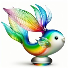 Obraz premium A stunning blown glass sculpture of a playful, a cute jumping fish with seamlessly blended rainbow colors, white background