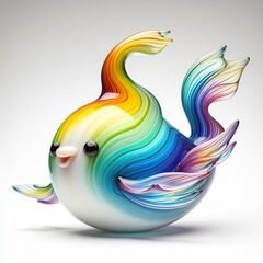 A stunning blown glass sculpture of a playful, a cute jumping fish with seamlessly blended rainbow colors, white background