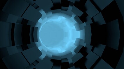 futuristic sci-fi geometric tunnel motion 3d illustration dark background. Can be used to represent a fluorescent polygon background, screensaver display design or an abstract virtual reality design