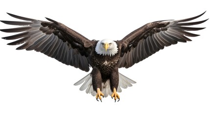 Majestic bald eagle in flight, against a clean white background,