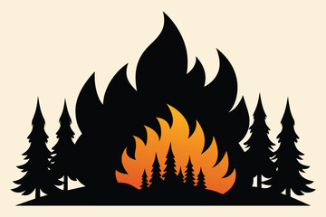 Solid color Silhouette forest hand drawing on fire vector design