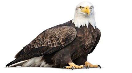 Majestic bald eagle in stoic repose, isolated on a pristine white background,