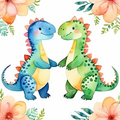 Watercolor painting of a two cute baby love dinosaurs with flowers love on white background.