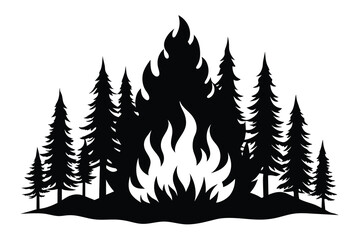 Solid color Silhouette forest hand drawing on fire vector design