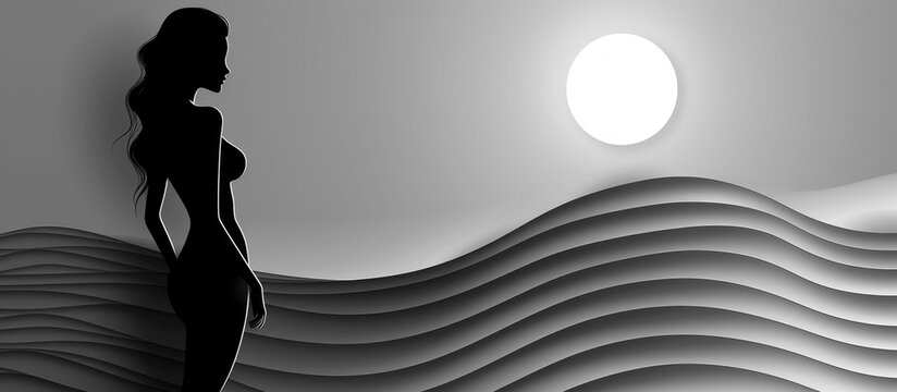 Silhouette of a woman against a moonlit wavy backdrop